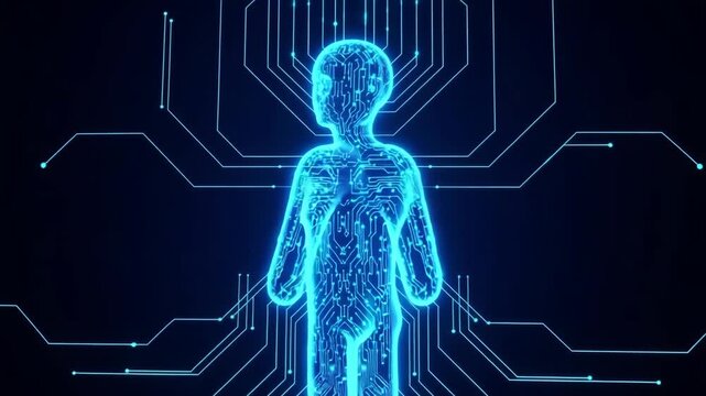 Side View Of Digital Human Figure Glowing Blue Integrated With Circuit Boards Against Dark Background Digital Transformation Artificial Intelligence Concepts For Technology-related V
