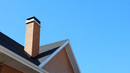 Peaceful red brick chimney stack on modern house roof against bright blue sky backdrop showing minimal architectural detail design