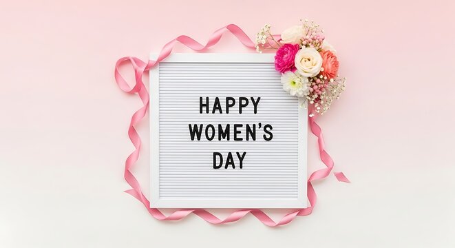 Happy women's day message on a white letter board with pink ribbon and flowers on pink background.