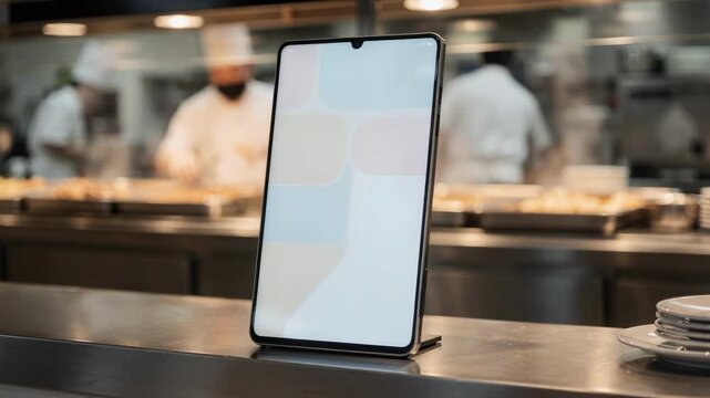 Closeup medium shot of a digital menu screen on a buffet counter highlighting dish names and allergens prominently kitchen activity softly blurred behind.
