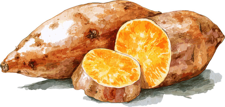 Hand drawn watercolor sweet potato, halved and whole sweet potato. Vector illustration on white background.