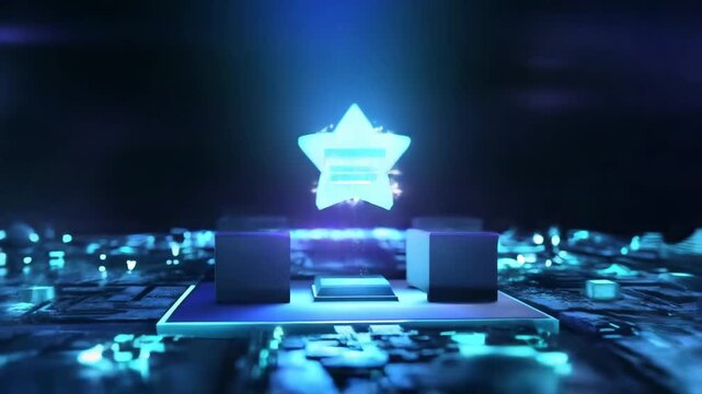 Glowing Blue Star Levitating Over Circuit Board With Two Cuboid Structures Connected By Wires The Background Displays Futuristic City For Abstract Design Data Visualization Tech-rela