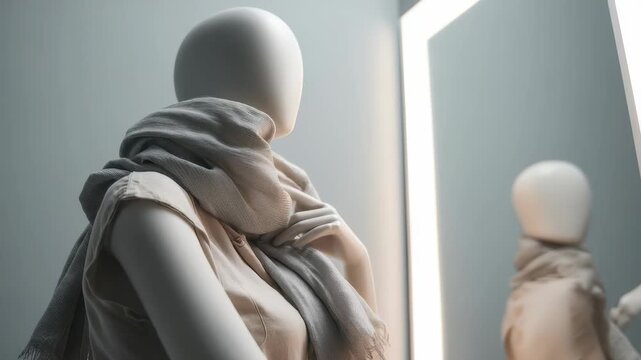 Minimalist mannequin with a soft scarf elegantly draped around its shoulders stands before a glowing mirror in a modern boutique setting. Contemporary fashion display concept