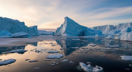 Icebergs floating in the ocean with a glacier in the background during sunrise or sunset