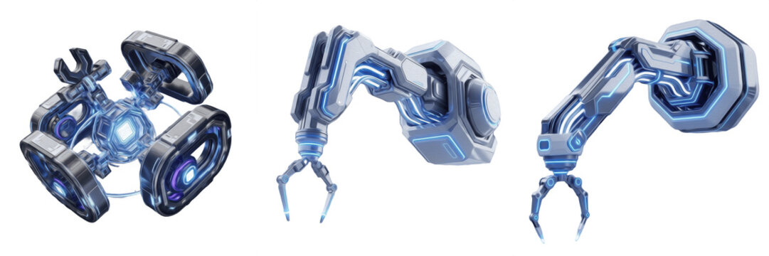 3D Render of Advanced Sci-Fi Robotic Arms with Blue Neon Glow and Mechanical Grippers for Future Industry, Isolated on White