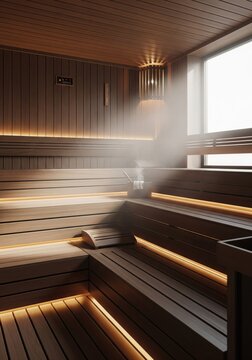 Wooden Sauna Interior with Benches and Window with Light Beam