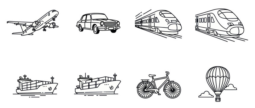Line art set of various transportation modes including airplane, car, trains, container ships, bicycle and hot air balloon for travel and transport design