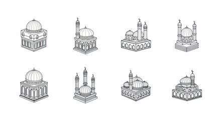 Naklejka premium Set of hand drawn mosque line art icons with domes and minarets, Islamic architecture vector illustrations ideal for religious and cultural design