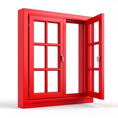 Obraz premium A vibrant red rectangular window frame, one pane open, showcases the interior emptiness against a white background. The classic design is rendered in a 3D style