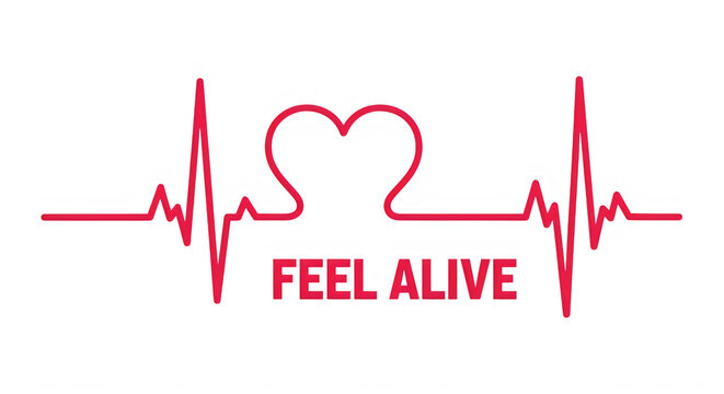 A vibrant red heartbeat line forming a heart shape with feel alive text