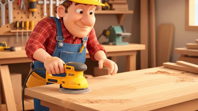 A cartoon carpenter in a workshop sands a large wooden plank with a yellow sander in a well-lit studio.
