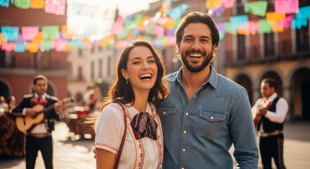 Obraz premium Happy Couple Laughing Under Bright Festive Flags in Town Square