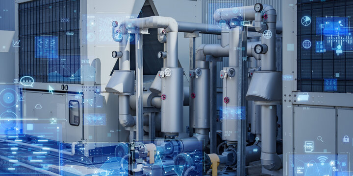 設備、配管、機械、施設、DX、テクノロジー、IIoT、システム、データ、エアコン、ボイラー、室外機、バルブ、空調、産業、工業、工場、プラント、ものづくり、製造、製造業、生産、SCM、サプライチェーン、マネジメント、カイゼン、IoT、AI、スマート、ファクトリー、オートメーション、FA、未来、コンセプト、イメージ、設計、建設、管理、点検、メンテナンス、検査、ERP、分析、開発、ソフトウェア、装置、技