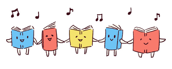 笑顔の本のキャラクターたちの手つなぎイラスト