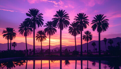 Obraz premium Serene tropical landscape with palm trees at sunset reflected in calm water.
