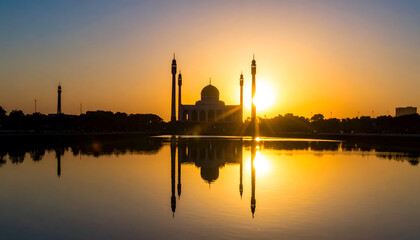 Fototapeta premium Serene Taj Mahal at sunrise with perfect reflection in water.
