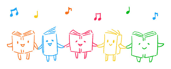 笑顔の本のキャラクターたちの手つなぎイラスト（線画）