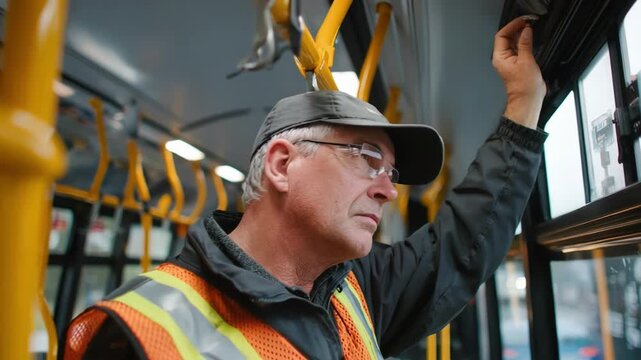 Medium shot of an inspector examining the emergency exit and lighting systems on a city bus as part of regular fleet roadworthiness checks.