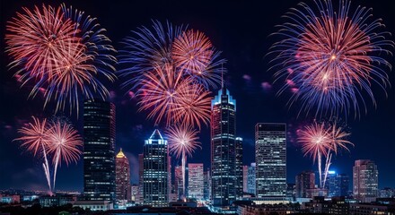 Obraz premium Fireworks Exploding Over City Skyline at Night Celebratory Atmosphere