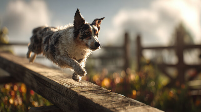 A lively dog confidently navigating a wooden obstacle course in an outdoor setting