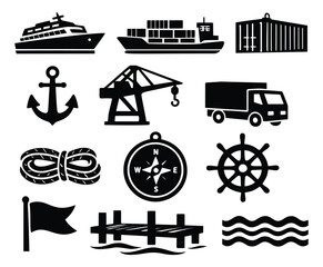 Graphic shipping and logistics icon set featuring vessels, equipment, and nautical elements for global transportation