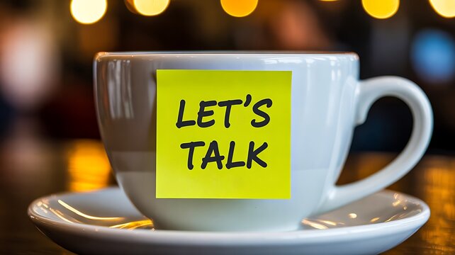 Coffee cup with lets talk note on table in cozy cafe setting 
