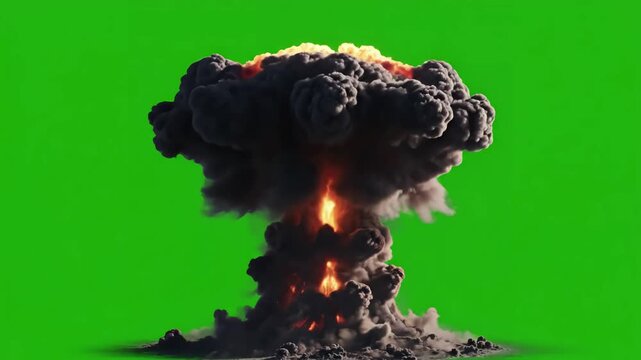 Green Screen motion animation of atomic bomb explosion on background nuclear fire mushroom cloud in world war apocalypse armageddon effect ready to chroma key scene 4 with distortion, overlay, glitch