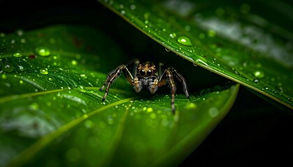 Naklejka premium A spider resting on a lush green leaf with water droplets in a natural environment, captured from a close-up viewpoint