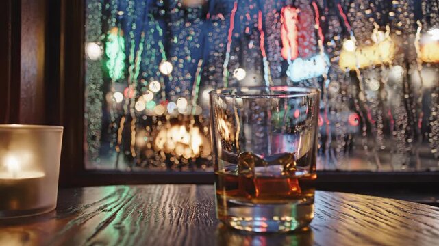 Glass of whiskey on a table with a candle and rainy window view of city lights.