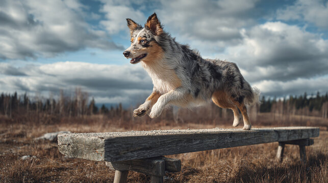 A dog leaping across a wooden bench with an open-mouthed expression and an overcast sky in the background