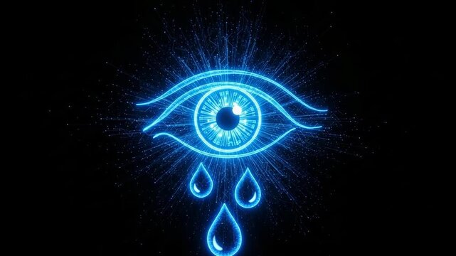 Glowing Digital Eye Shedding Tears Rendered In Neon Blue Against Dark Void Background Surveillance Information Technology For Concepts Of Data Security Ai