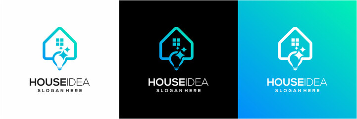 Fototapeta premium Smart House Idea logo template. Light Bulb, Star and Home concept. Creative vector icon blue green gradient.