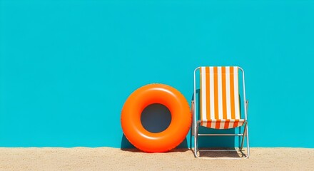 Summer beach concept, chair with ring floating and pineapple on blue background. 3d rendering Illustration  copy space 