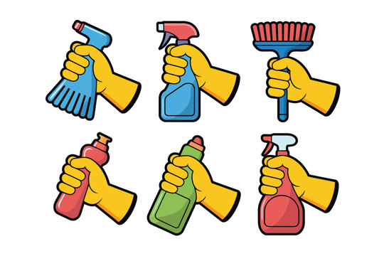Cleaning tools icon set with colorful hand holding brushes and spray bottles