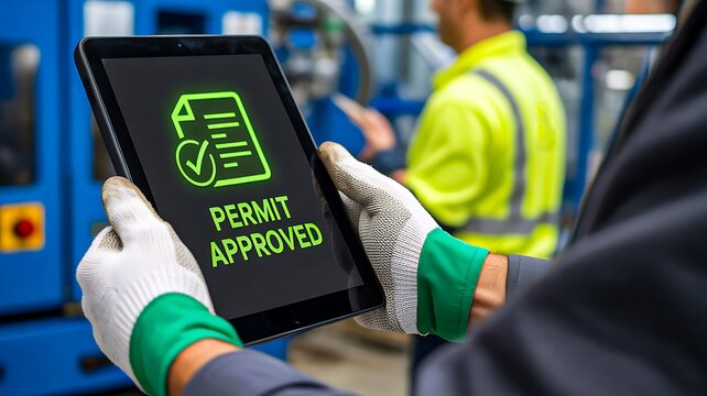 Industrial worker holding digital tablet showing permit approved message in factory environment
