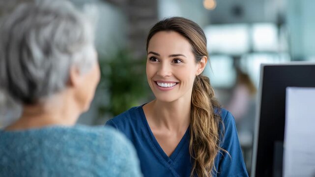 Smiling female healthcare professional warmly interacts with an elderly patient in a modern medical office. Positive communication and trust are evident in their friendly conversation