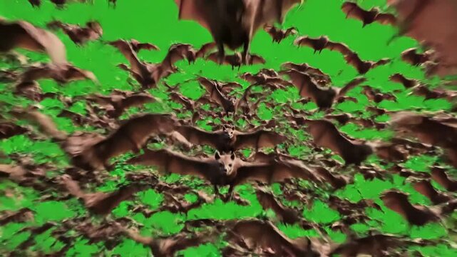 Green Screen swarm of bats flying towards camera on 3d animation rendering scene 4 with distortion, overlay, glitch, static noise, scan lines black background, 4k animated video loop