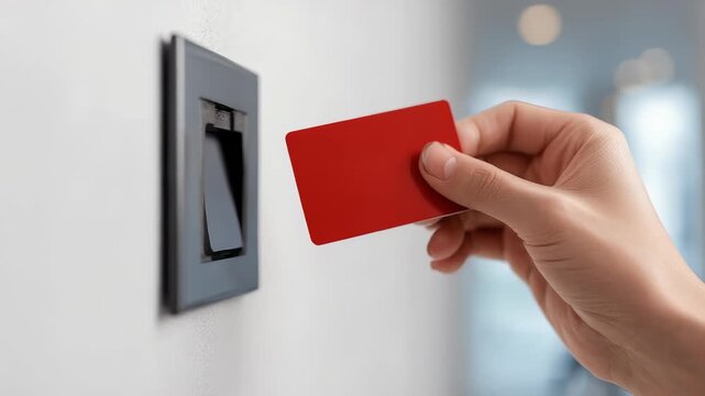 A person holds a red key card and uses it to access a secure entry system on a modern wall. The scene highlights contemporary security technology in everyday environments