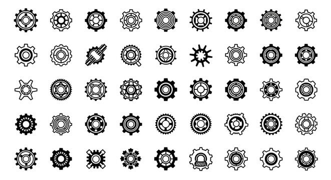 Collection of Diverse Black and White Gear Icons and Symbols for Mechanical and Industrial Concepts