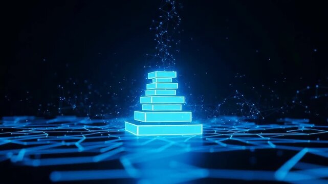 Glowing Digital Pyramid Structure Rising With Connected Dots Set On Blue Network Grid Demonstrating Data Processing For Showcasing Technological Advancements Innovation With Dark Fut