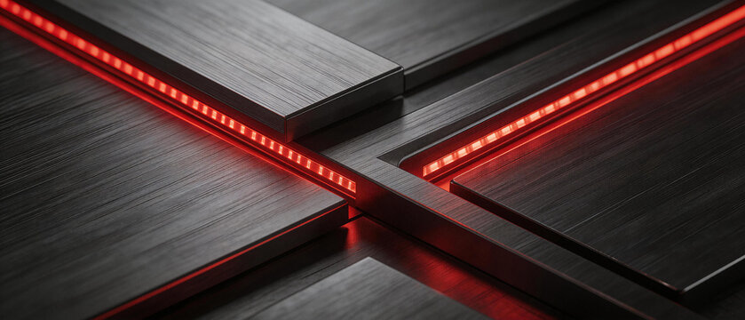 Futuristic Dark Abstract Background with Glowing Red Neon Light Strips and Layered Geometric Panels