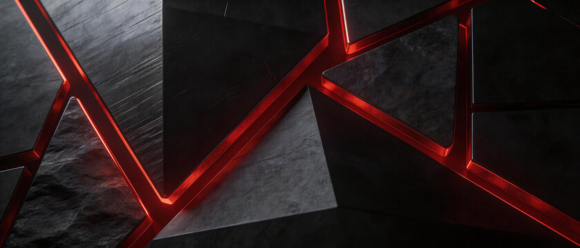 Realistic Dark Geometric Surface with Sharp Edges and Recessed Crimson Neon Light Accents