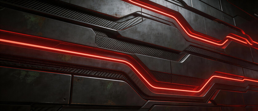 Dynamic Futuristic Wall Texture with Overlapping Dark Plates and Flowing Red Neon Lighting