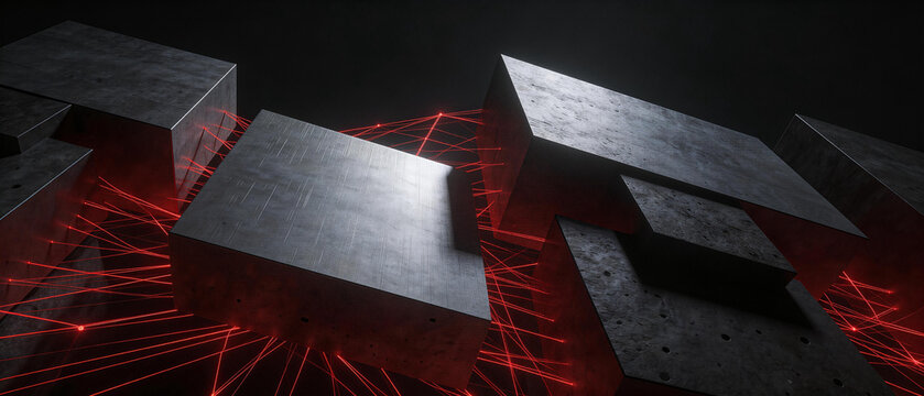 Premium Symmetrical Dark Background featuring Layered Matte Panels and Sharp Red Neon Accents