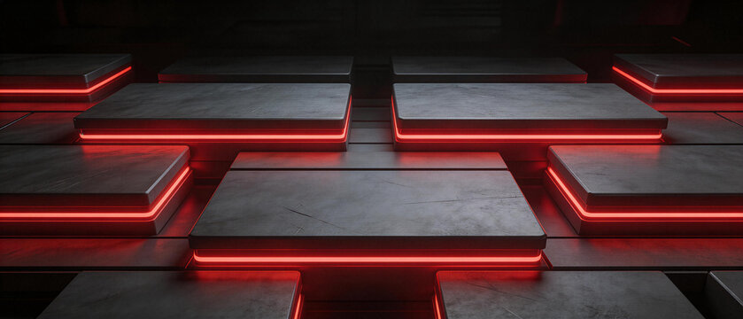 Cinematic Cyberpunk Background with Dark Overlapping Plates and Radiant Red Geometric Lighting