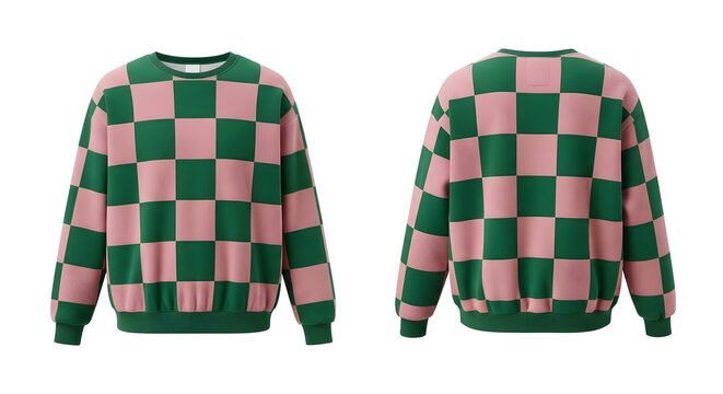 Pink and Green Small Checkered Sweatshirt Mockup, Front and Back View