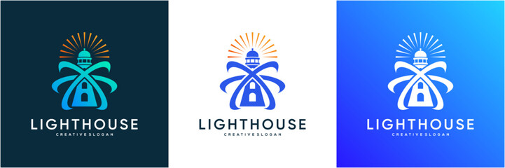 Modern Lighthouse Logo template. Abstract Orbit Circles for Digital Security and Guidance icon symbol. © semoro