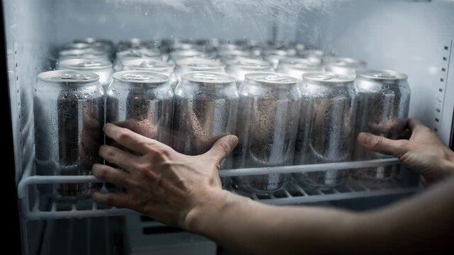 Hands adjusting rows of refrigerated sparkling water cans with clear focus on the product cooler interior softly blurred to emphasize freshness and chill.