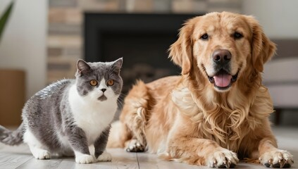 Obraz premium Golden retriever dog and british shorthair cat pose together indoors