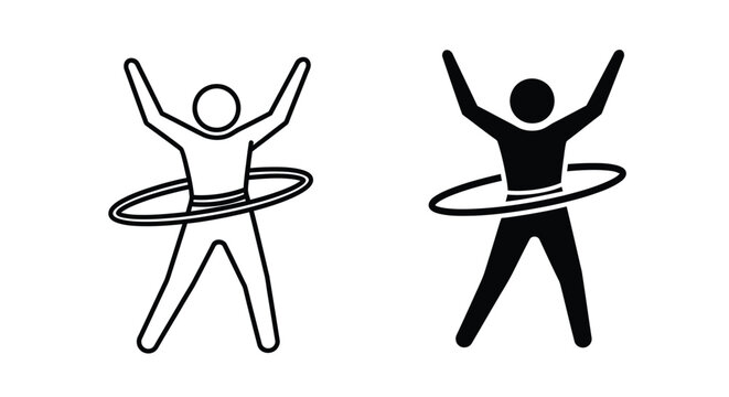 Two stick figures hula hooping with arms raised in playful exercise